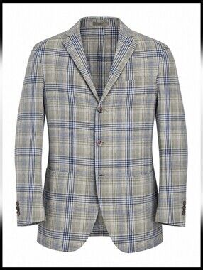 Boglioli K Jacket Sport Coat Blazer 56 Blue Gray Plaid Linen Silk Cotton Italy